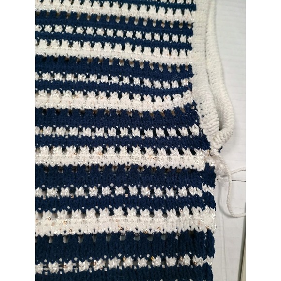 Joie Blue White Stripe Open Knit Sweater Boxy Short Sleeve Medium - Picture 2 of 9